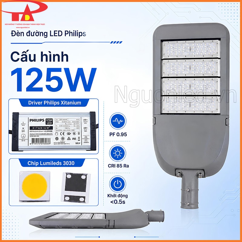 Đèn đường 125W dùng driver Philips Xitanium, chip Lumileds 3030, PF 0.95 và CRI 85 Ra