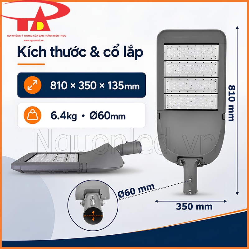 Đèn đường 125W kích thước 810 x 350 x 135mm, trọng lượng 6.4kg và cổ lắp Ø60mm