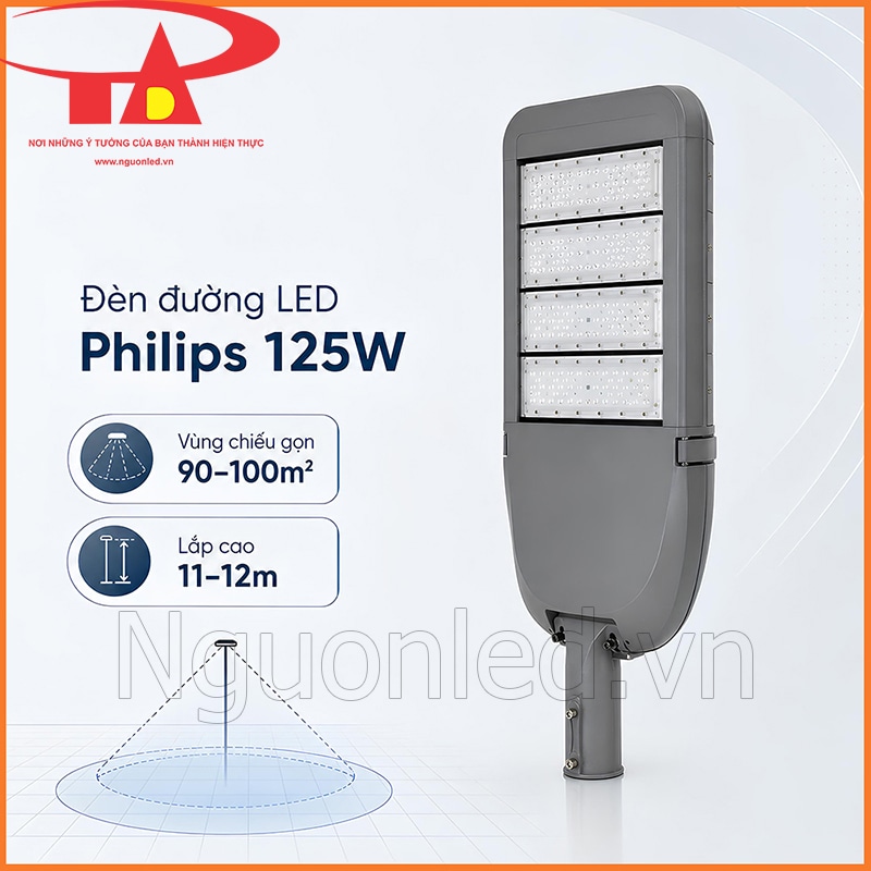Đèn đường LED Philips 125W mặt trước 4 module, vùng chiếu 90–100m² và lắp cao 11–12m