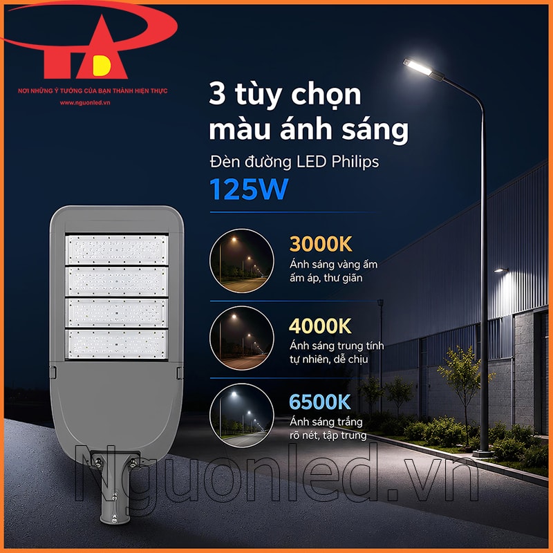 Đèn đường Philips 125W có ba màu ánh sáng 3000K, 4000K và 6500K cho từng khu vực lắp đặt