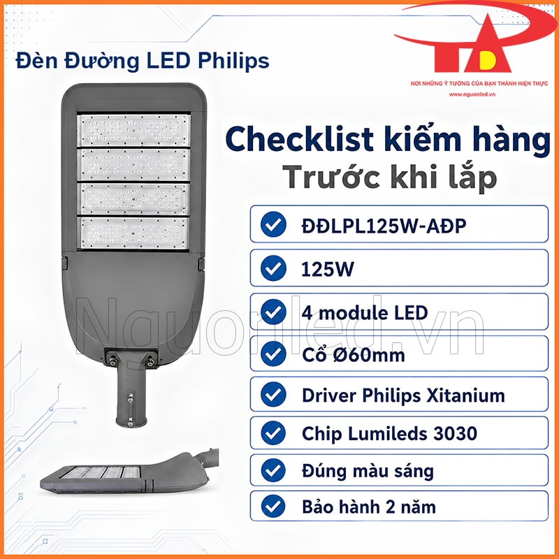 Checklist kiểm hàng đèn đường với mã ĐĐLPL125W-AĐP, 4 module LED và cổ Ø60mm