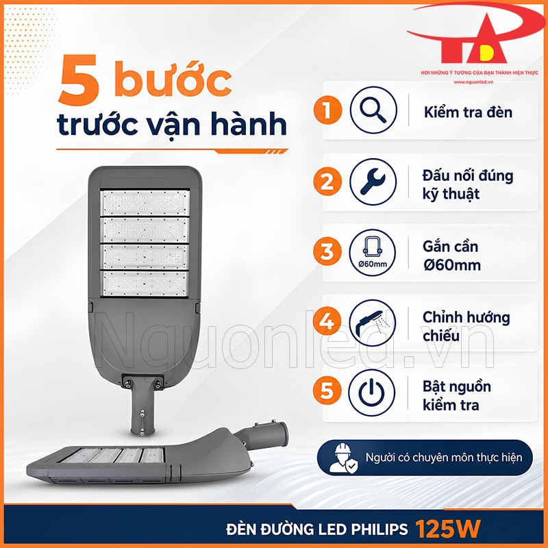 Quy trình 5 bước lắp đặt đèn đường Philips 125W gồm kiểm tra, đấu nối, gắn cần và bật nguồn