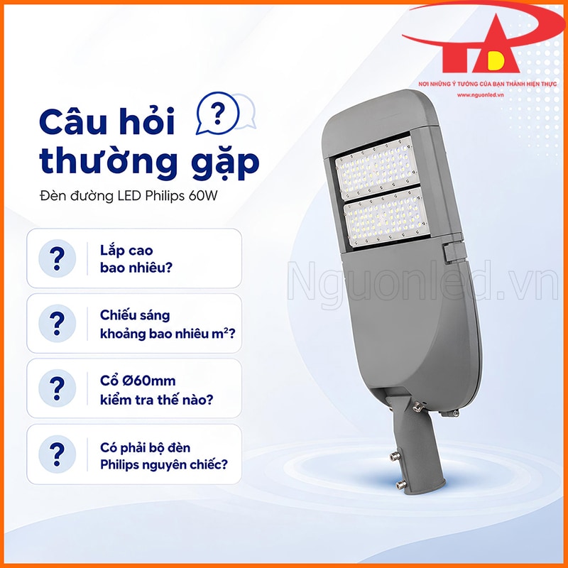Câu hỏi thường gặp về đèn đường LED Philips 60W gồm chiều cao lắp, vùng chiếu, IP66 và cổ Ø60mm