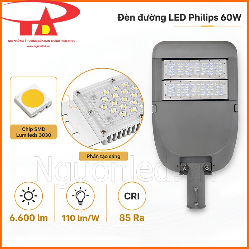 Chip SMD Lumileds 3030 trong đèn đường LED 60W, kết hợp quang thông 6.600 lm và hiệu suất 110 lm/W