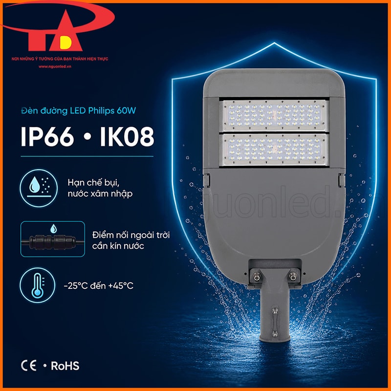 Đèn đường LED 60W đạt IP66 và IK08, kèm lưu ý xử lý kín phần điểm nối dây nằm bên ngoài thân đèn