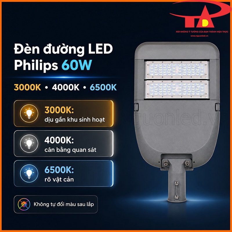 Ba màu sáng của đèn đường LED 60W gồm vàng ấm 3000K, trung tính 4000K và trắng 6500K theo đơn hàng