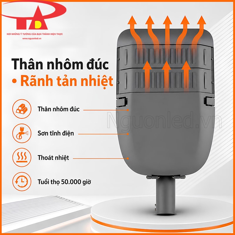 Thân nhôm đúc sơn tĩnh điện màu xám của đèn đường LED 60W với các rãnh tản nhiệt trên bề mặt