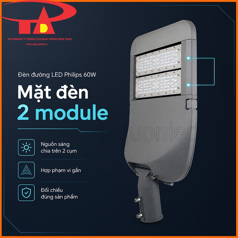 Mặt đèn đường LED Philips 60W gồm đúng 2 module LED bố trí thành hai cụm riêng trên thân đèn màu xám