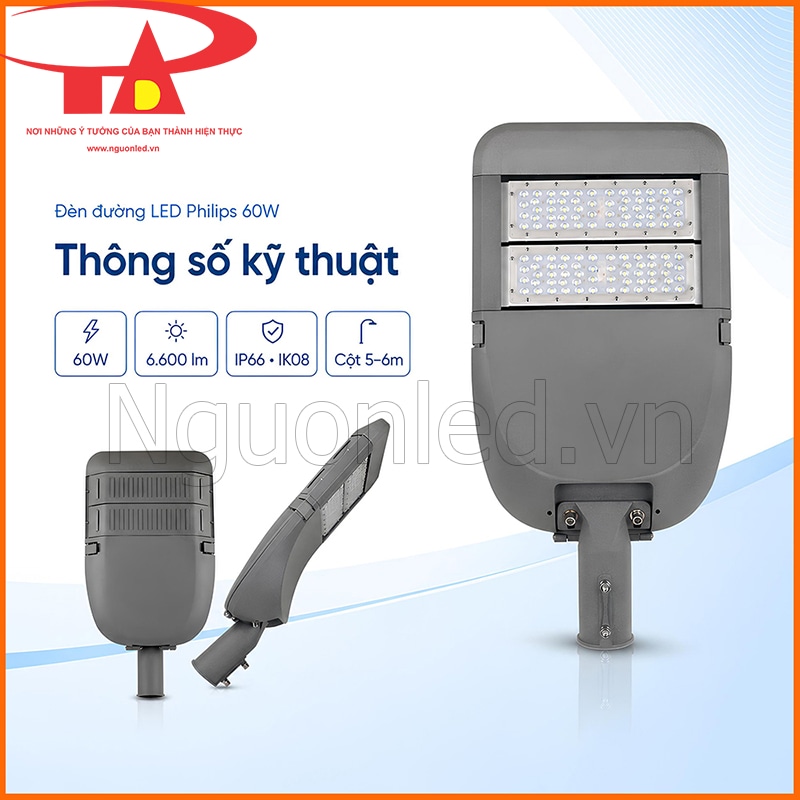 Bảng thông số đèn đường LED Philips 60W gồm công suất, quang thông, IP66, IK08 và kích thước bộ đèn
