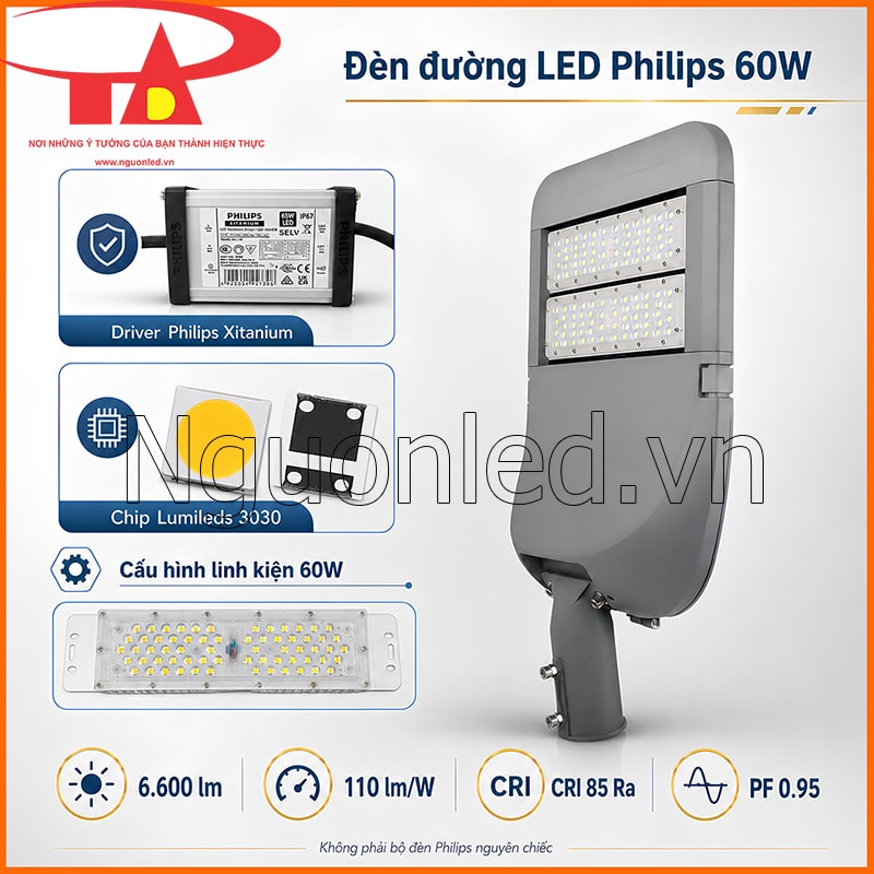 Cấu hình đèn đường Philips 60W sử dụng driver Philips Xitanium và chip SMD Lumileds 3030