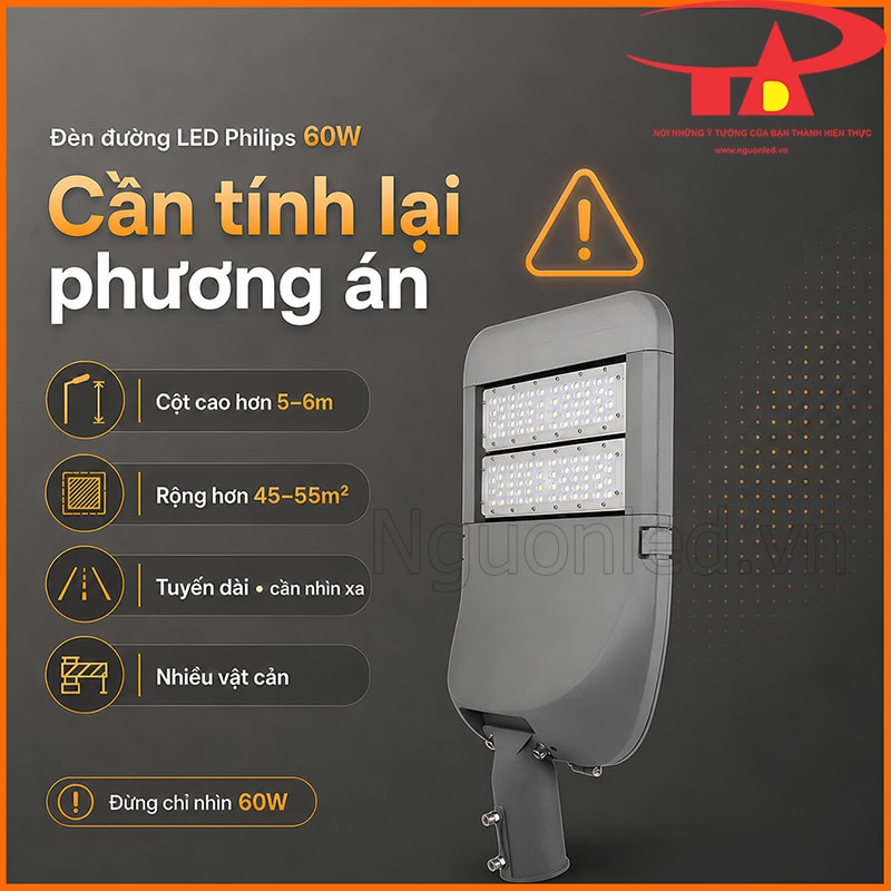Các trường hợp cần rà lại phương án đèn đường LED 60W khi cột cao, khu vực rộng hoặc có vật cản quanh lối đi
