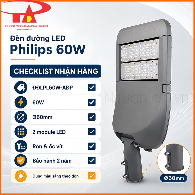 Kiểm tra đèn đường LED Philips 60W khi nhận hàng gồm mã sản phẩm, màu sáng, cấu hình và ngoại quan