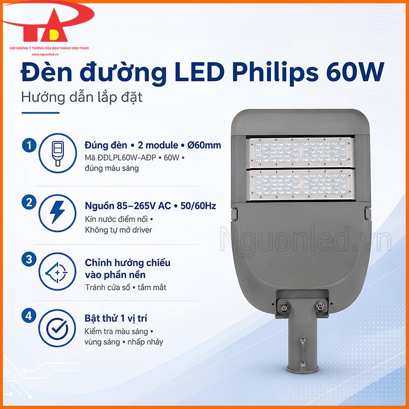 Hướng dẫn lắp đặt đèn đường LED Philips 60W trên cột thấp gồm kiểm tra đèn, đấu nối và căn hướng chiếu