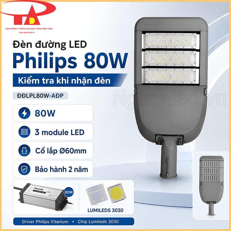 Đèn đường LED Philips 80W kèm mã ĐĐLPL80W-AĐP, 3 module LED, cổ Ø60mm, driver và chip Lumileds