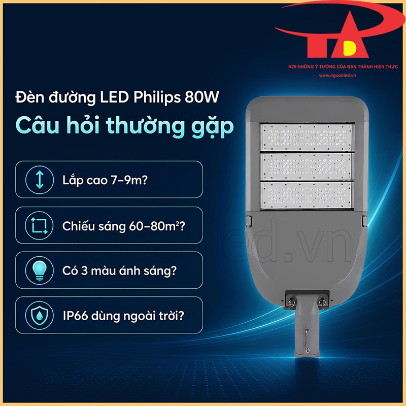 Đèn đường LED Philips 80W kèm câu hỏi về chiều cao 7–9m, vùng chiếu 60–80m², màu sáng và IP66