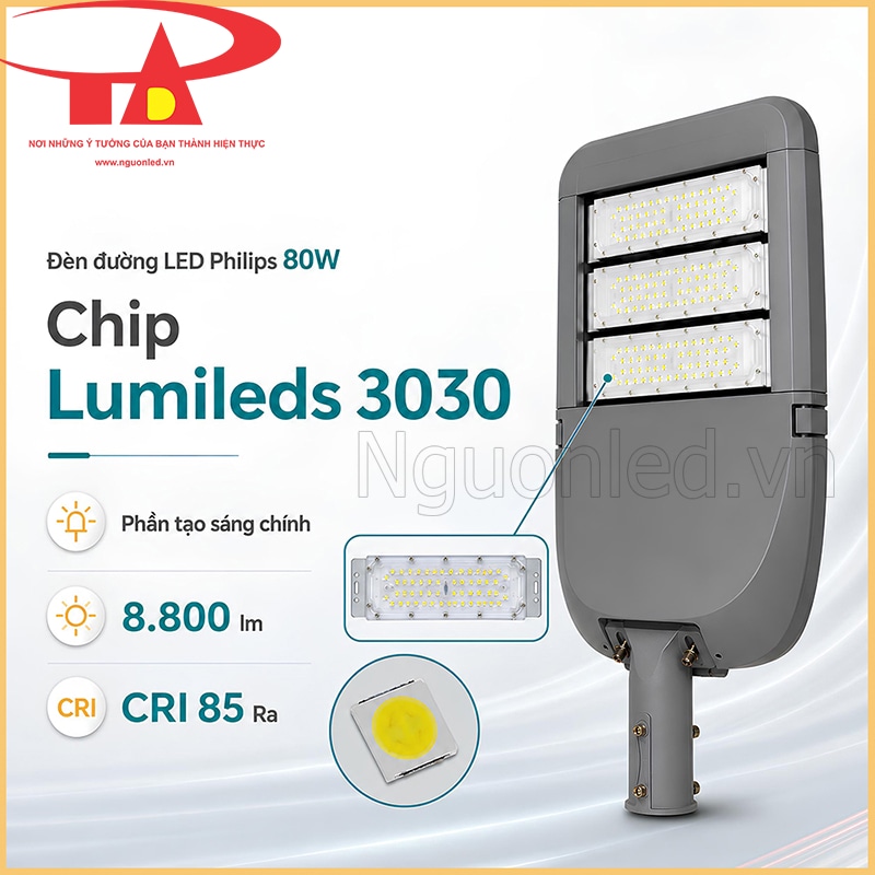 Chip Lumileds 3030, module phát sáng và đèn đường LED 80W kèm thông tin 8.800 lm, CRI 85 Ra