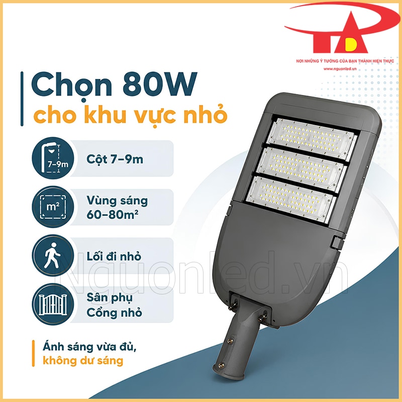 Đèn đường 80W thân xám kèm nội dung chọn cho khu vực nhỏ, cột 7–9m và vùng sáng 60–80m²