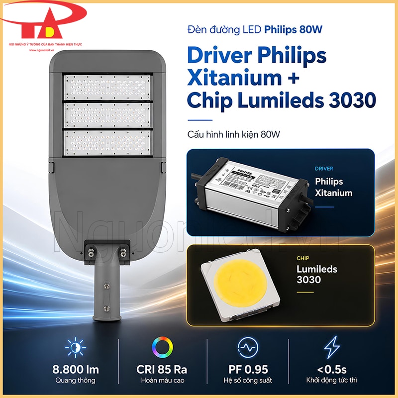 Đèn đường 80W kèm driver Philips Xitanium, chip Lumileds 3030 và bốn thông số kỹ thuật