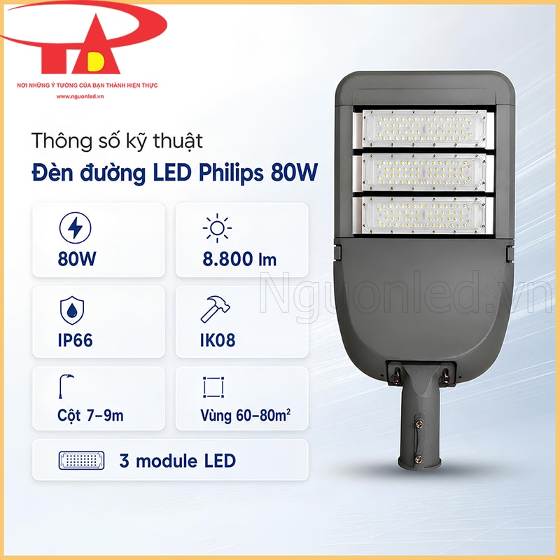 Đèn đường LED Philips 80W mặt trước 3 module kèm thông số 8.800 lm, IP66, IK08, cột 7–9m