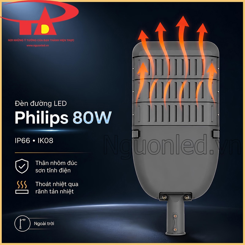 Mặt sau đèn LED ngoài trời 80W thân nhôm đúc màu xám, rãnh tản nhiệt và ký hiệu IP66, IK08