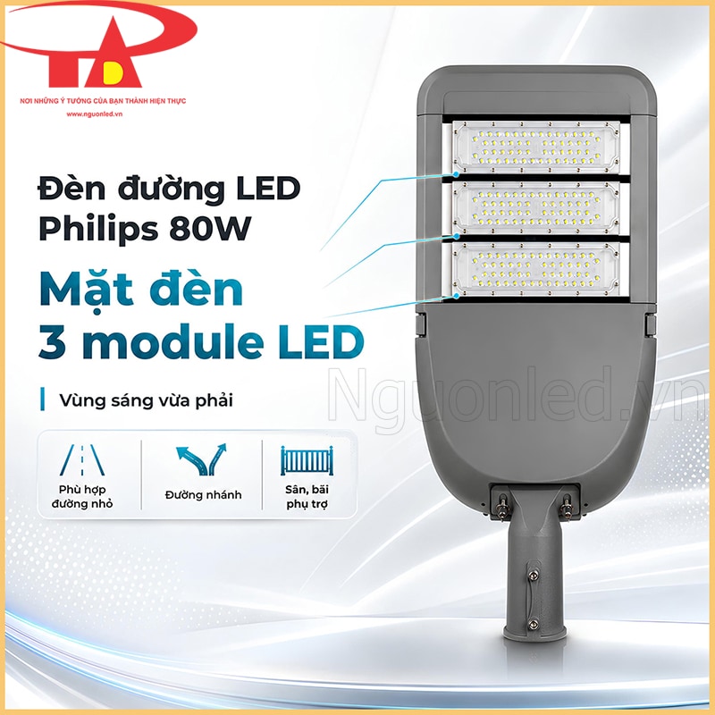 Đèn LED đường phố 80W mặt trước gồm 3 module LED đặt dọc, kèm chỉ dẫn đường nhỏ và sân phụ trợ