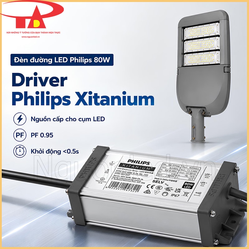 Driver Philips Xitanium đặt cạnh đèn đường LED 80W, kèm thông tin PF 0.95 và khởi động dưới 0.5 giây