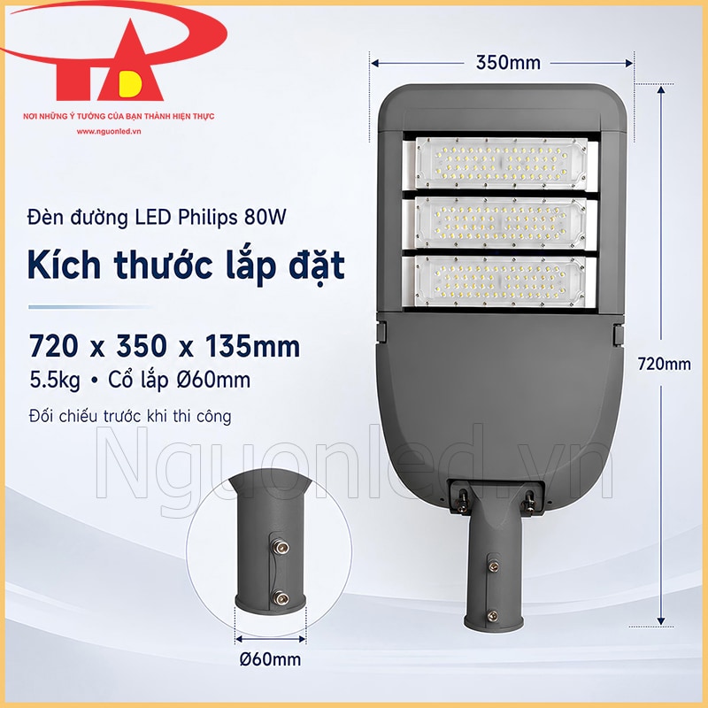 Đèn đường Philips 80W kèm kích thước 720 x 350 x 135mm, trọng lượng 5.5kg và cổ lắp Ø60mm