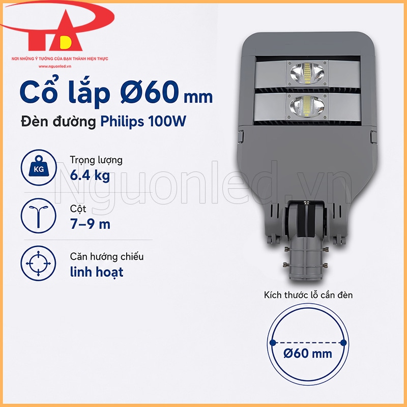 Cổ lắp Ø60mm của đèn đường Philips 100W, có thân đèn xám, vị trí siết ốc và đầu cần đèn