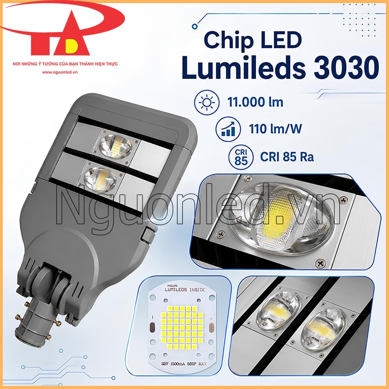 Chip LED Lumileds 3030 và cụm module LED của đèn đường 100W, có thấu kính và bo mạch phát sáng