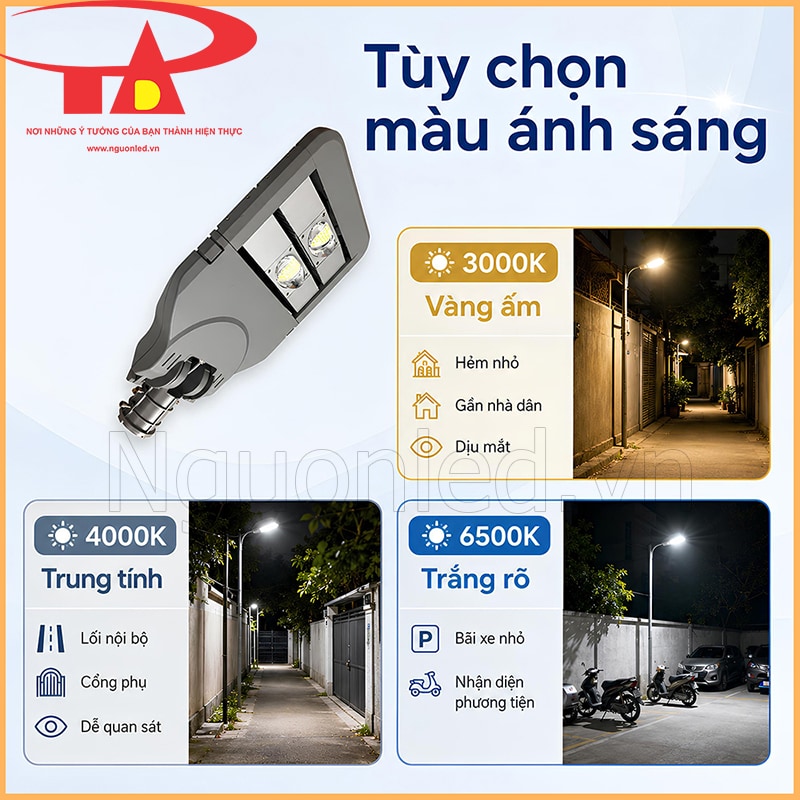 Đèn đường Philips 100W với ba màu ánh sáng 3000K, 4000K, 6500K trong các khu vực ngoài trời