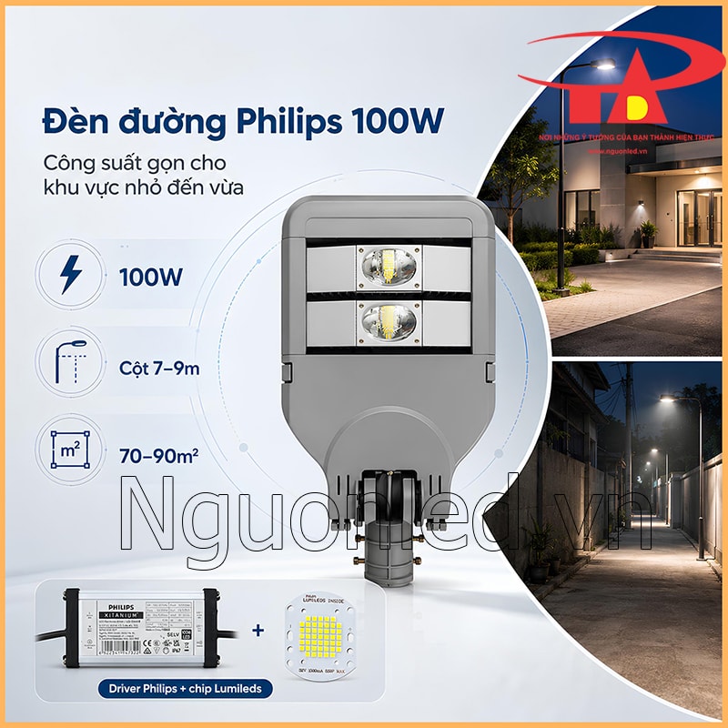 Đèn đường Philips 100W thân xám, cột 7–9m, khu vực nhỏ đến vừa và thông số 11.000 lm