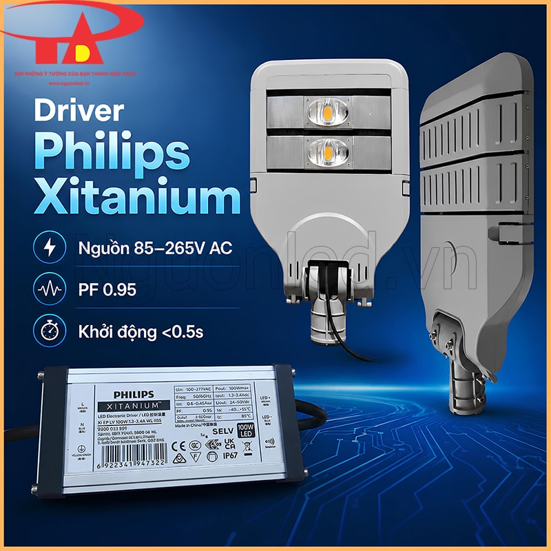 Driver Philips Xitanium 100W dùng cho đèn đường, có thông số 85–265V AC, PF 0.95 và nhãn driver