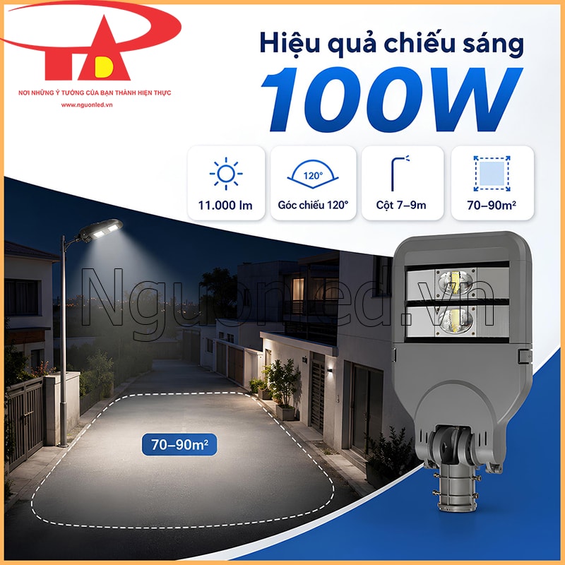 Đèn đường Philips 100W chiếu sáng lối nội bộ ban đêm, có thông số 11.000 lm, góc 120° và 70–90m²