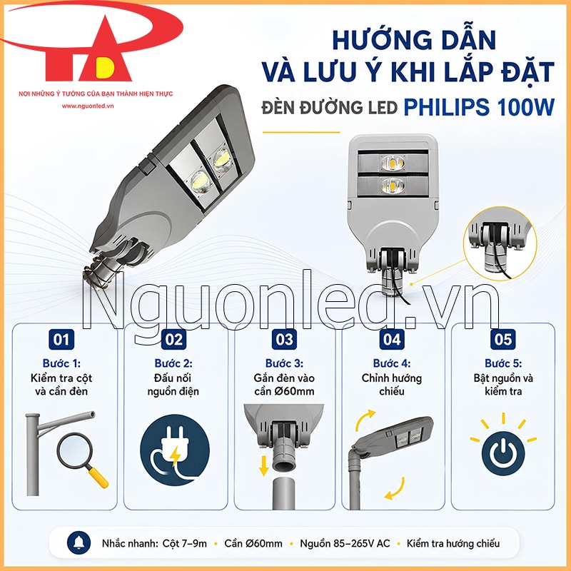 Sơ đồ lắp đặt đèn đường LED Philips 100W gồm kiểm tra cột, đấu nguồn, gắn cần Ø60mm, chỉnh hướng và bật nguồn