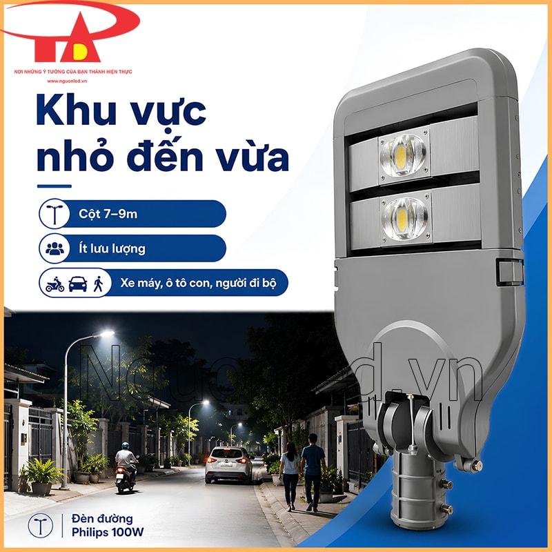  Đèn đường Philips 100W trong khu vực cột thấp, ít xe qua lại, có người đi bộ và xe máy