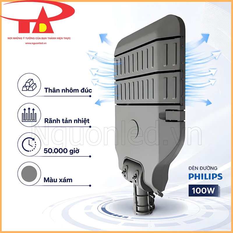 Mặt sau đèn đường Philips 100W thân nhôm đúc màu xám, có rãnh tản nhiệt và khoang nguồn