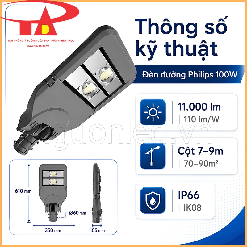 Đèn đường Philips 100W kèm thông số 11.000 lm, 110 lm/W, IP66, IK08 và kích thước thân đèn