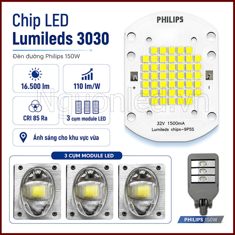 Chip LED Lumileds 3030 trên bo mạch Philips với 3 cụm module LED của đèn đường 150W