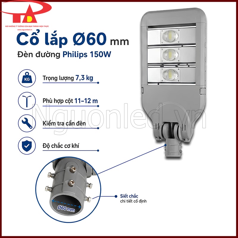 Cổ lắp Ø60mm của Đèn đường Philips 150W với chi tiết ốc siết và thông tin trọng lượng 7.3kg