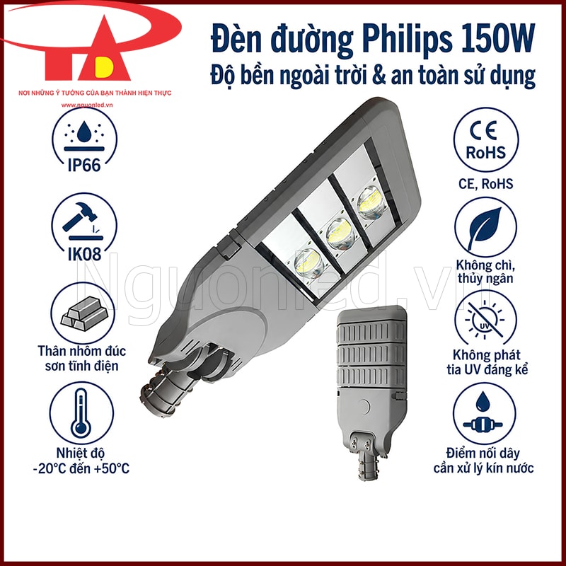 Đèn đường Philips 150W với ký hiệu IP66, IK08, CE RoHS, thân nhôm đúc và nhiệt độ -20°C đến +50°C