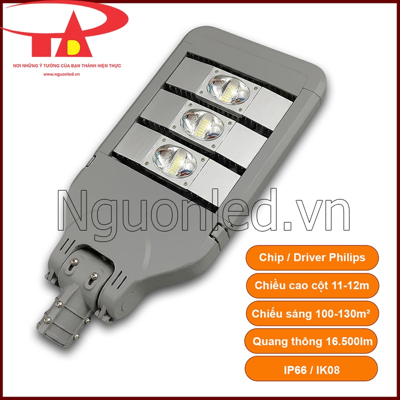 Đèn đường Philips 150W thân xám với 3 cụm module LED, cổ lắp và thông số nổi bật