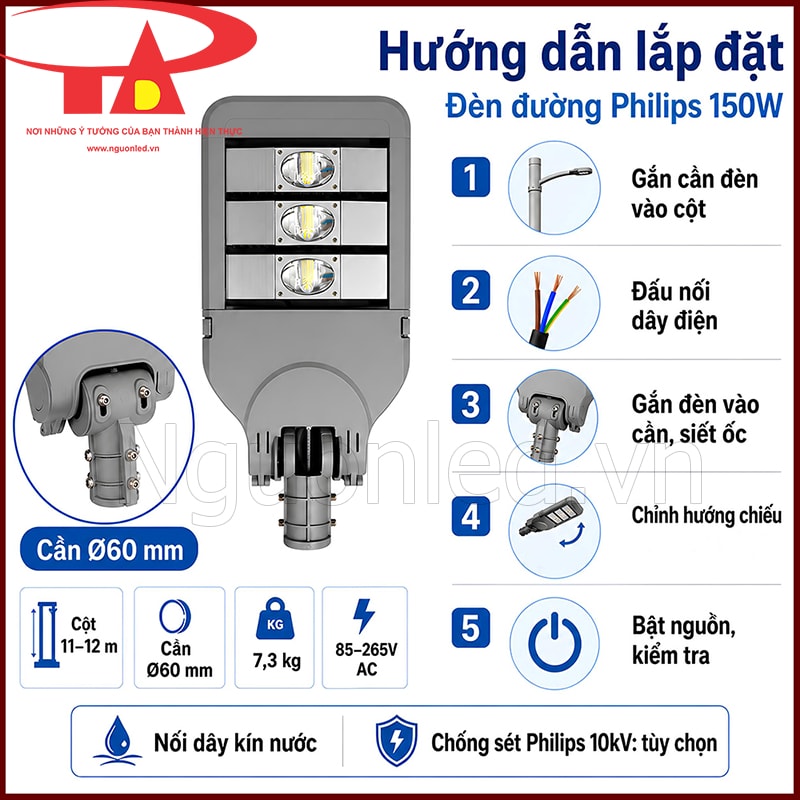 Sơ đồ lắp đặt Đèn đường Philips 150W với cần Ø60mm, cột 11–12m và nguồn 85–265V AC