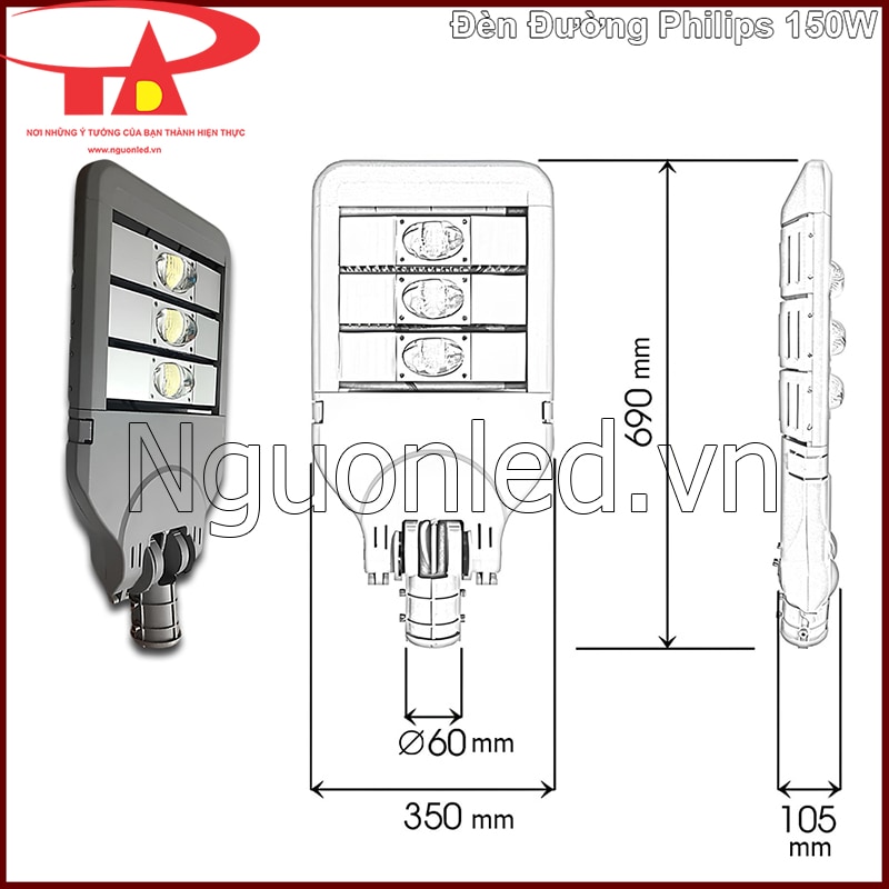 Kích thước Đèn đường Philips 150W với chiều dài 690mm, rộng 350mm và cổ Ø60mm