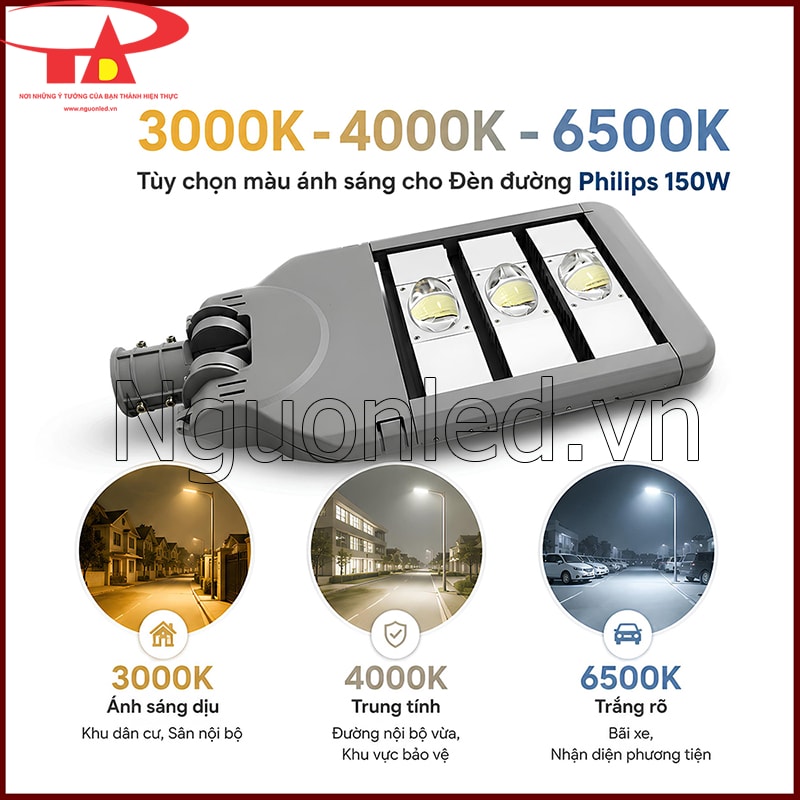 Đèn đường Philips 150W với ba tùy chọn màu ánh sáng 3000K, 4000K và 6500K