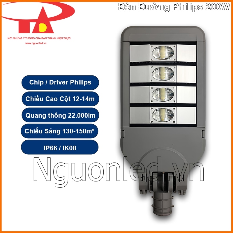 Đèn đường Philips 200W mặt trước 4 module LED kèm thông số cột 12–14m và IP66 IK08