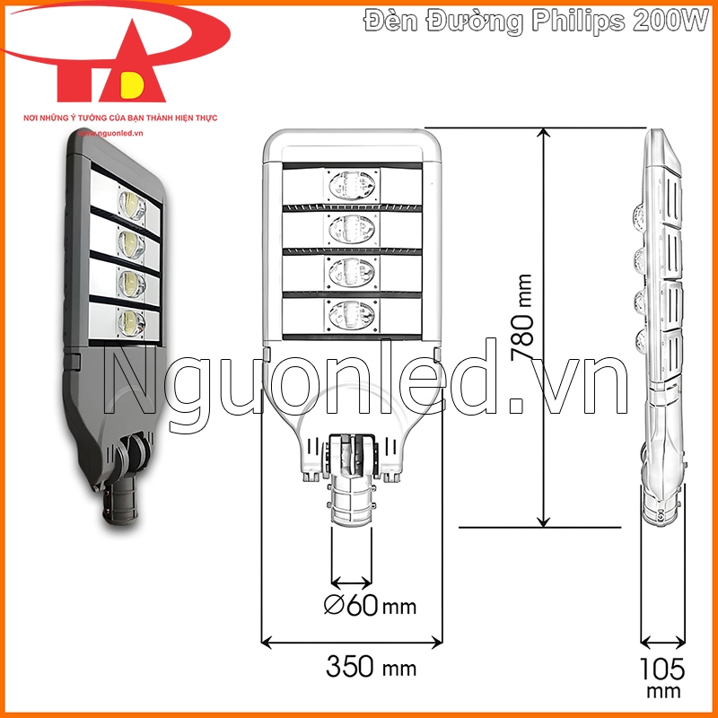 Đèn đường Philips 200W thân xám, mặt trước có 4 cụm module LED và cổ lắp bên dưới
