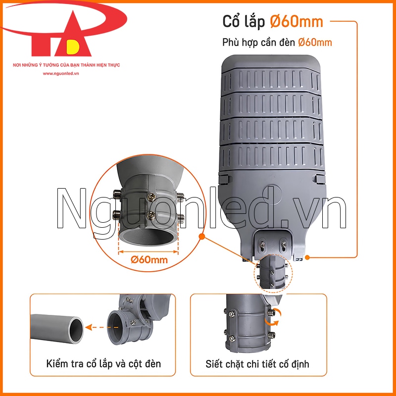 Cổ lắp Ø60mm của đèn đường Philips 200W với chi tiết siết cố định và đầu cần đèn