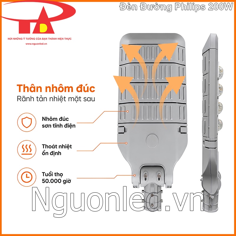 Mặt sau Đèn đường Philips 200W có thân nhôm đúc, rãnh tản nhiệt và mũi tên thoát nhiệt