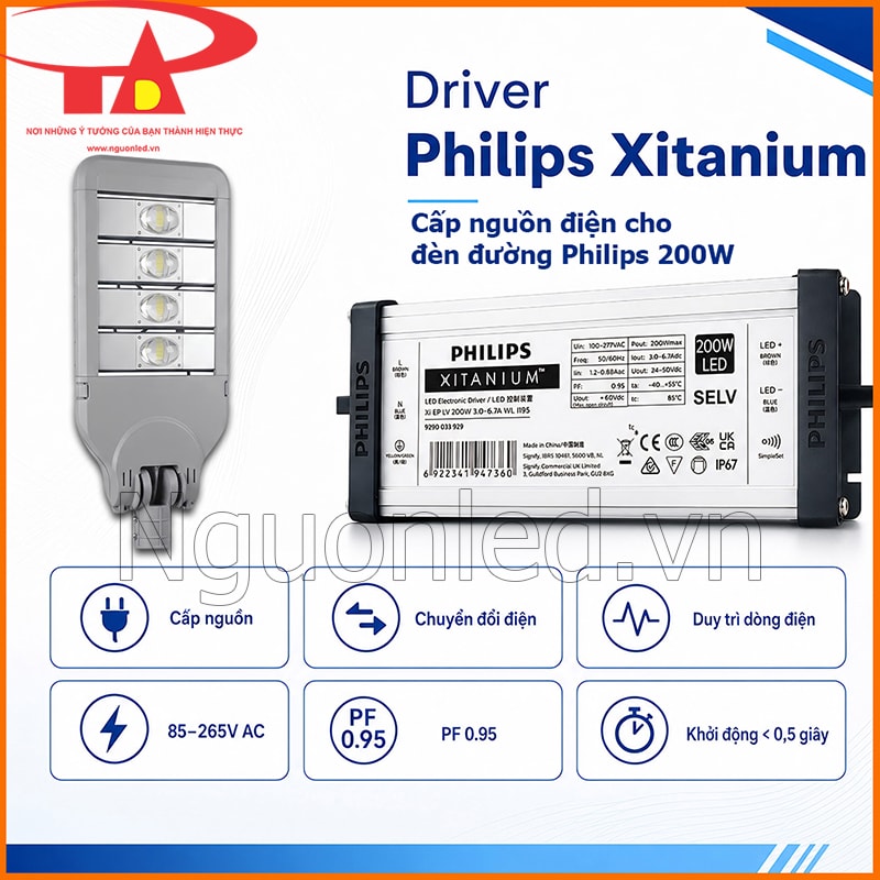 Driver Philips Xitanium 200W đặt cạnh Đèn đường Philips và các thông số nguồn điện