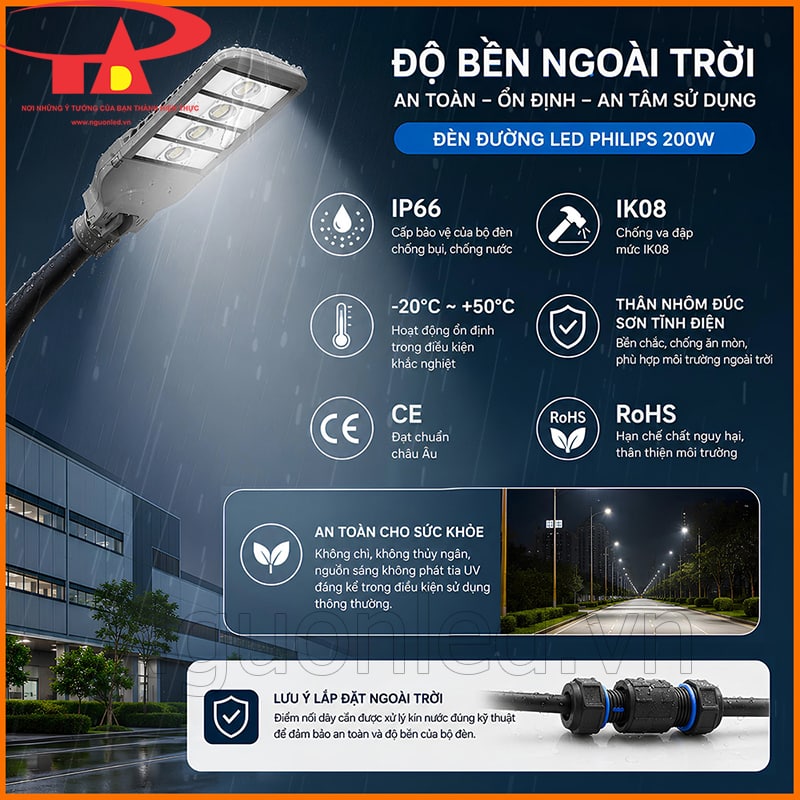 Đèn đường Philips 200W ngoài trời với IP66, IK08, CE, RoHS và dải nhiệt -20°C đến +50°C